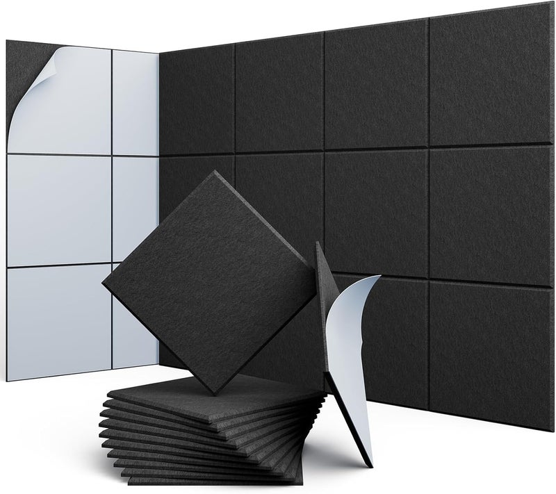 UNECHO Store 12 Pack 12" X 12" X 0.4" Acoustic Panels for Wall Sound Absorbing, Square Self-Adhesive Sound Panels, High Density Suitable for Multiple Scenarios(Black) - Image 1